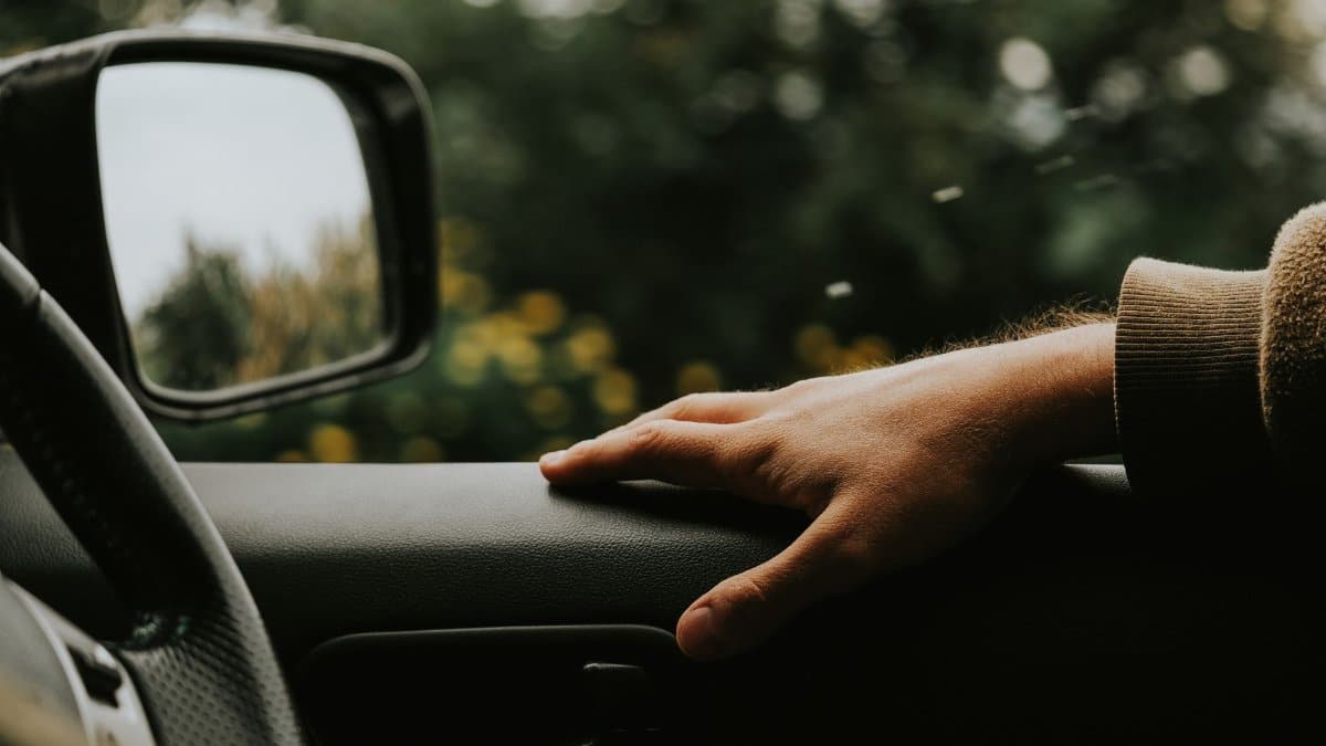 A serene view of a hand resting on a car door inside a parked vehicle surrounded by nature.