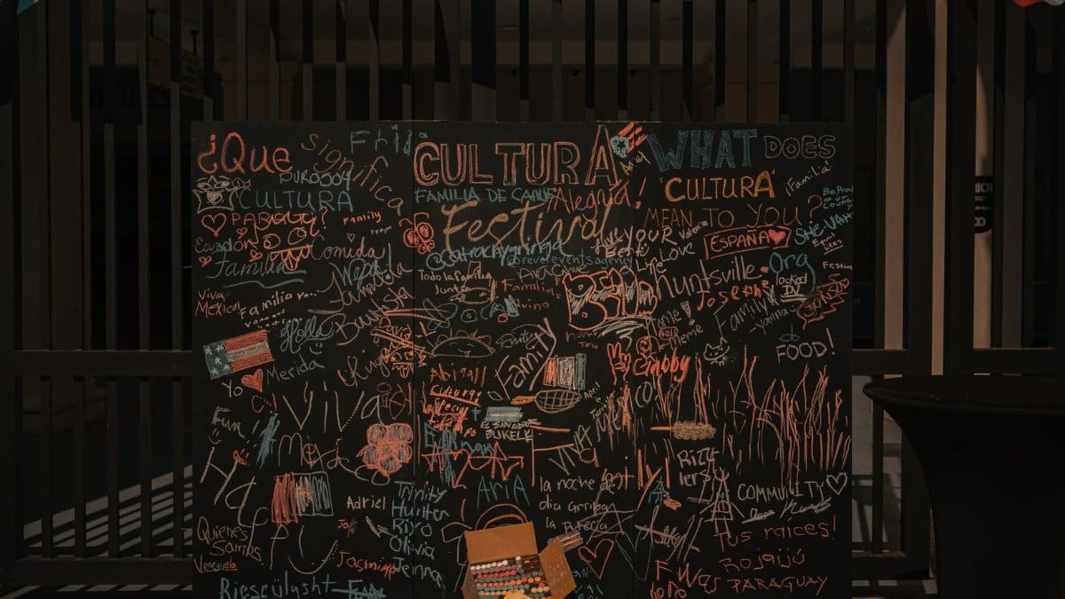 Vibrant chalkboard expressing diverse cultural messages and artistic creativity outdoors.
