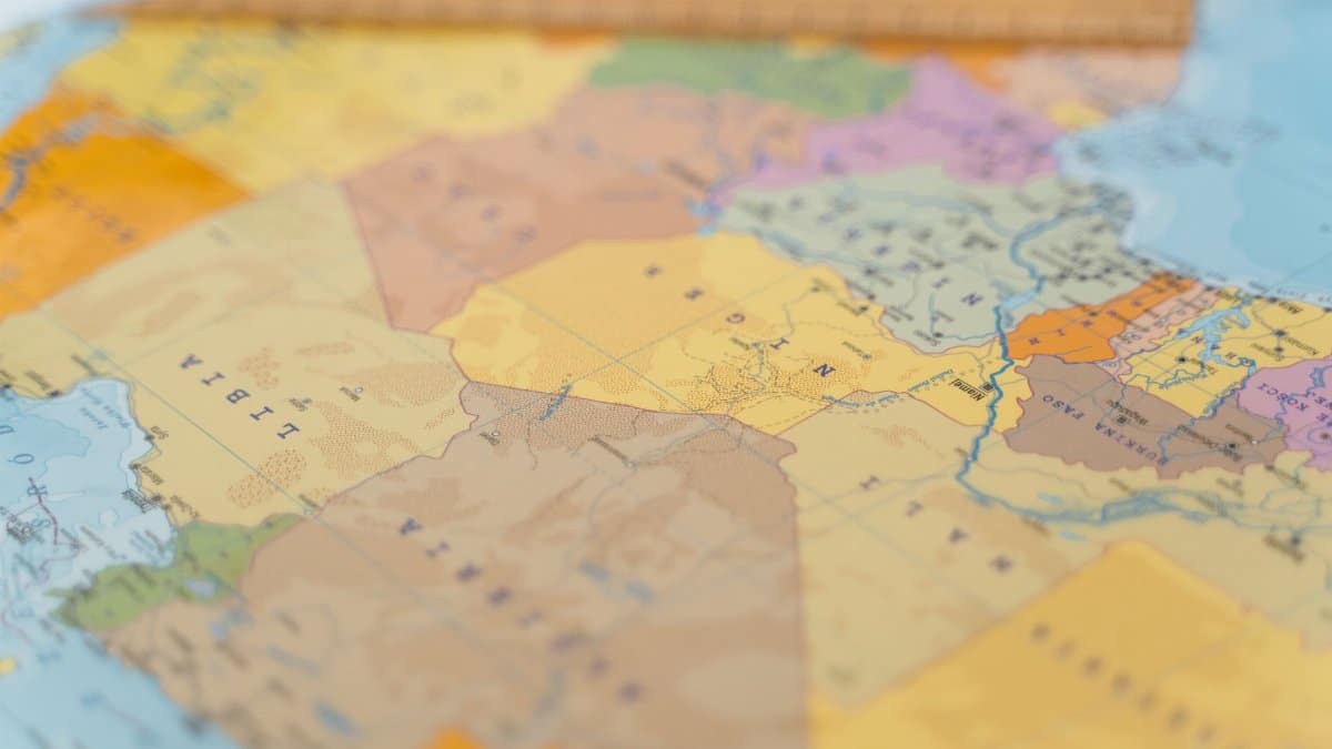 Close-up photo of a colorful world map featuring African countries.