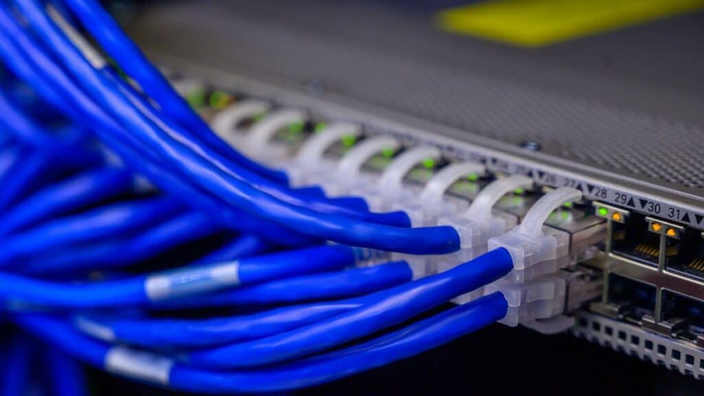 Detailed view of blue ethernet cables connected to a network switch in a data center.