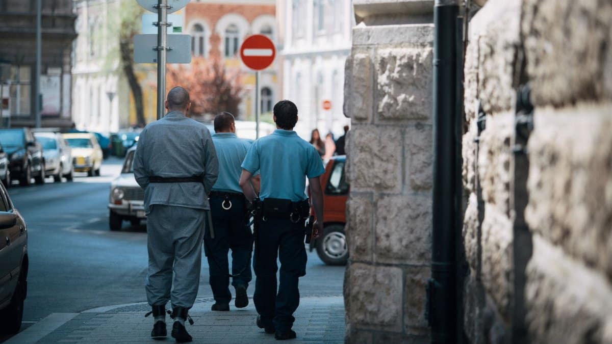 Policemen escort a handcuffed prisoner along a city street, showcasing law enforcement in action.