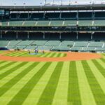 A vibrant view of Wrigley Field baseball stadium in Chicago on a sunny day.