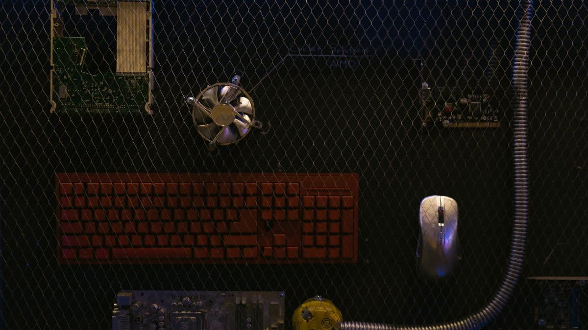 Top view of computer hardware components displayed against a wire mesh background.
