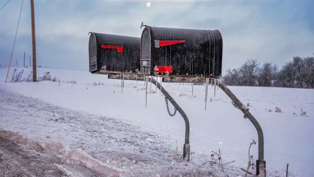 Frosty rural mailboxes covered in icicles on a snowy winter road in Minnesota, USA.