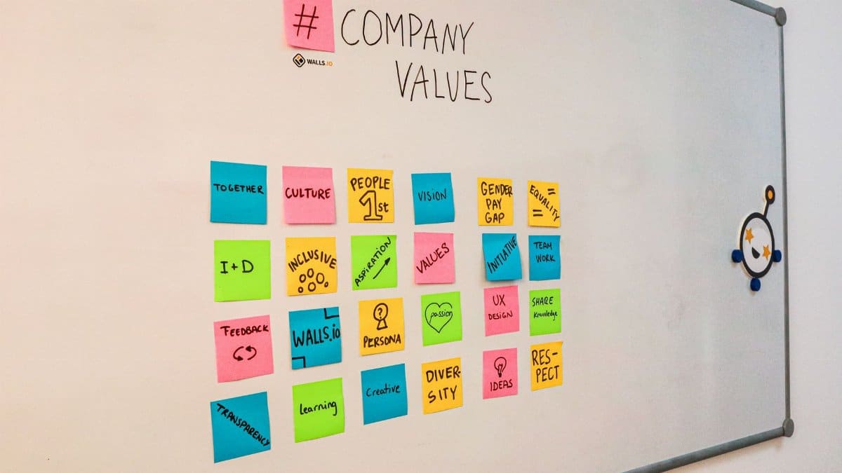 Bright sticky notes highlighting company values and teamwork on a whiteboard.