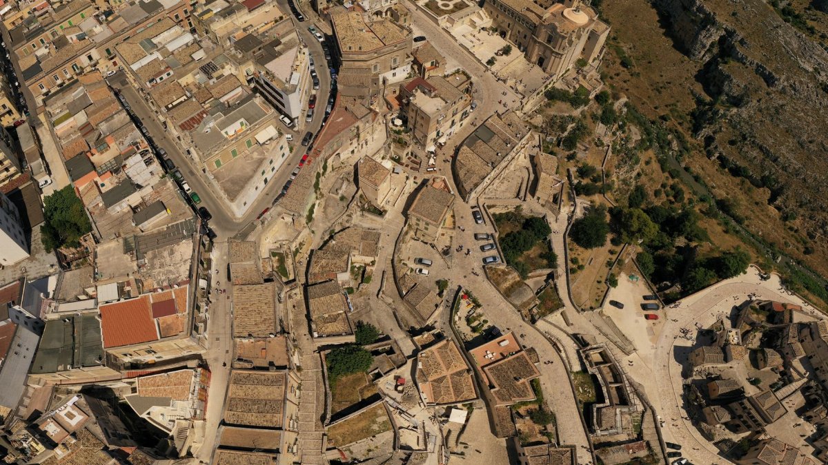Drone capture of historic architecture in scenic Basilicata, Italy.