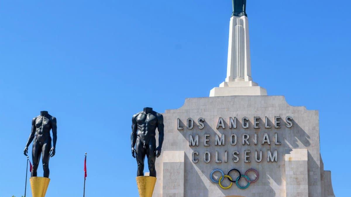 Iconic entrance of Los Angeles Memorial Coliseum capturing its historic architecture and Olympic legacy.