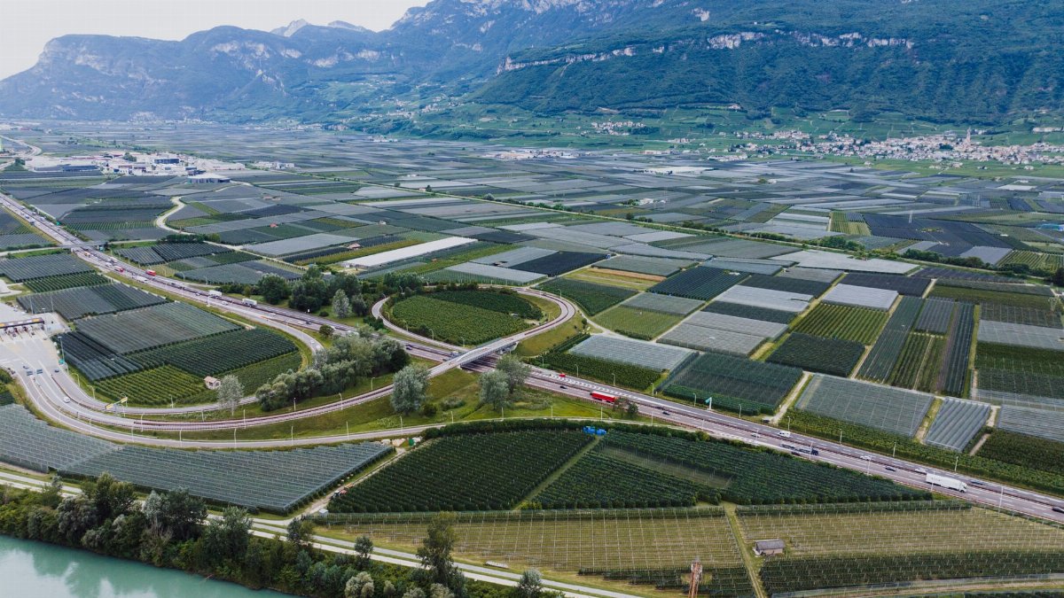 Scenic aerial view of agricultural fields and mountains in South Tyrol, Italy.