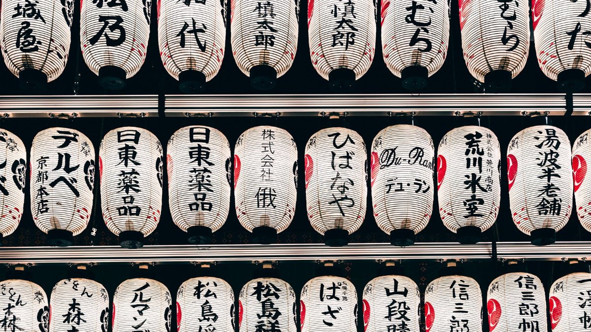 Detailed view of traditional Japanese paper lanterns with kanji characters, creating a cultural ambiance.