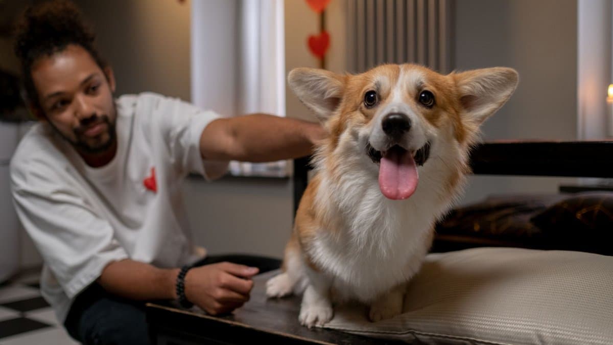 Man and corgi dog enjoying a cozy moment indoors with heart decor, perfect for pet lovers.