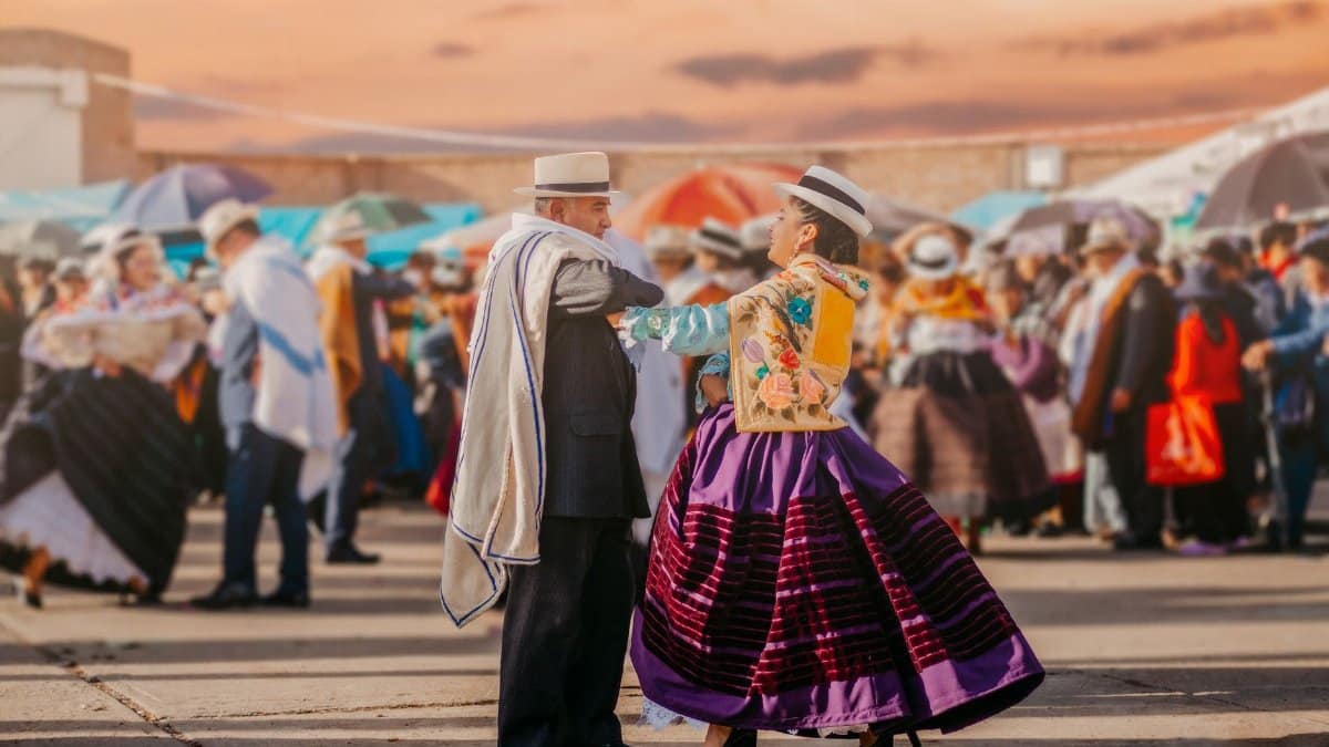 Colorful traditional dance celebration in Jauja, Peru, showcasing vibrant attire and cultural festivities.