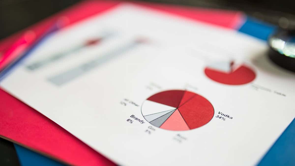 Close-up of financial pie chart on colorful paper, highlighting data analysis concepts.