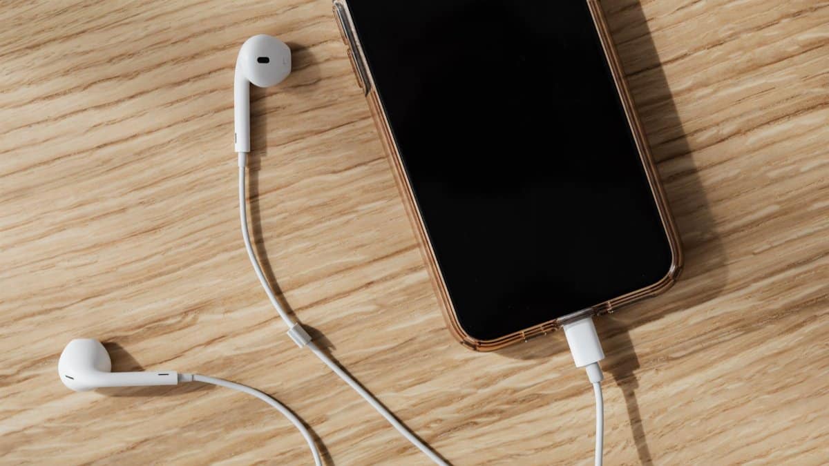 From above composition of white wired earphones and modern mobile phone with blank screen and connected charging cable placed on wooden surface in daylight
