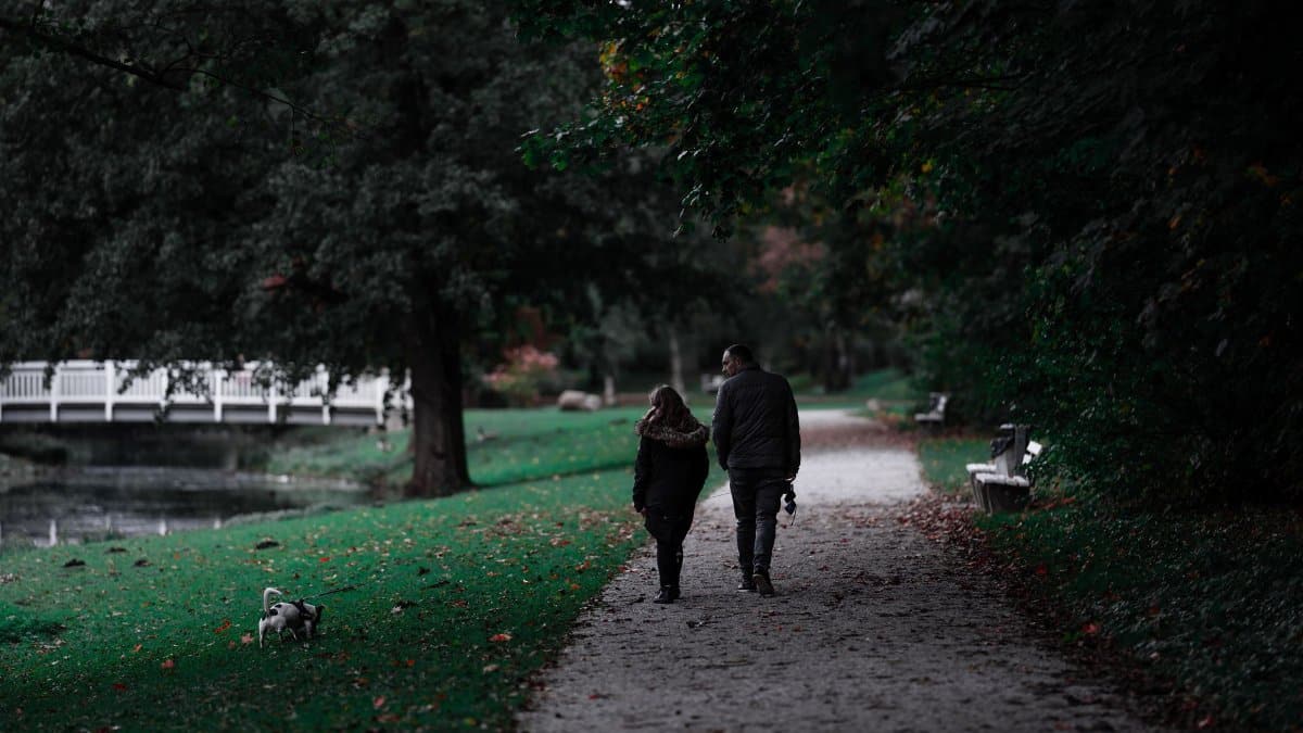 A couple walking their dog along a leafy path in an autumn park near a bridge and river.