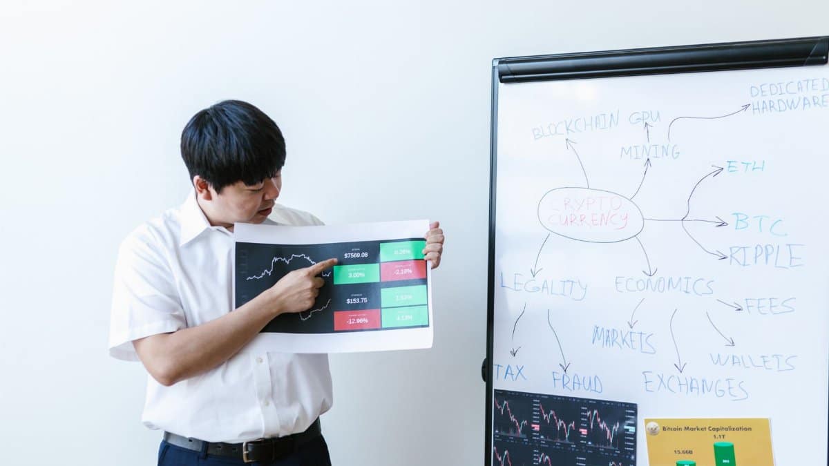 Businessman presents cryptocurrency analysis with graphs and charts on a whiteboard.
