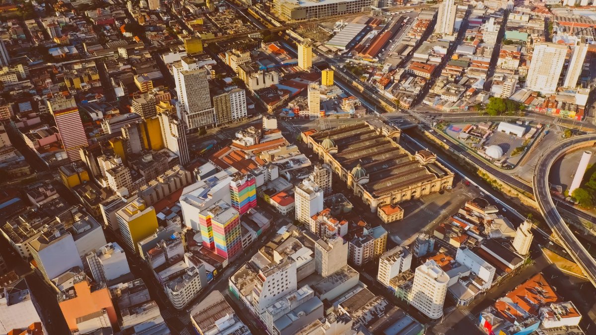 Aerial view of a vibrant cityscape with diverse architecture.