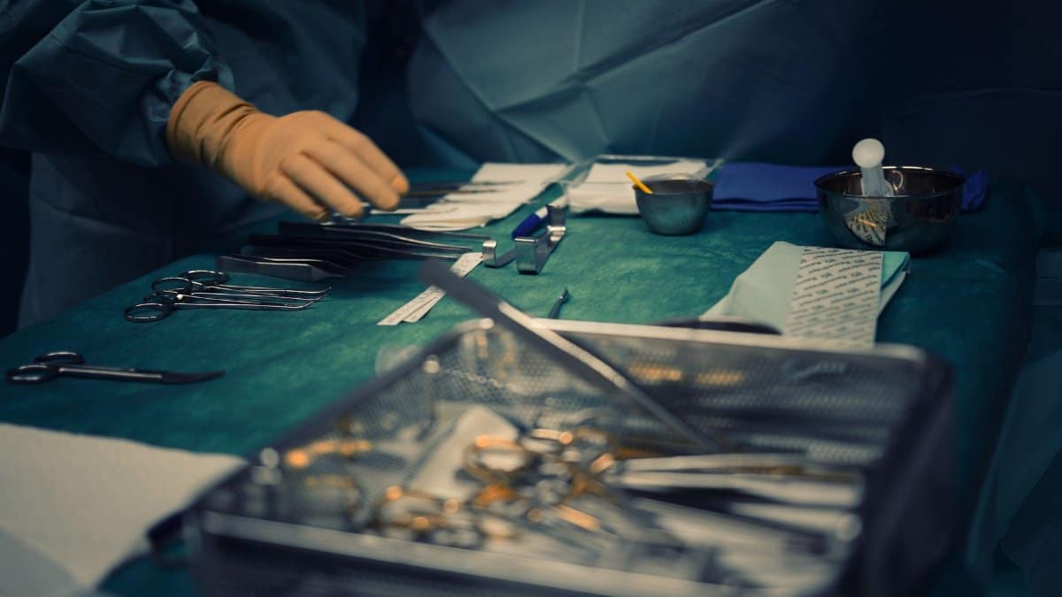 Close-up of surgical instruments prepared for surgery in a hospital operating room.