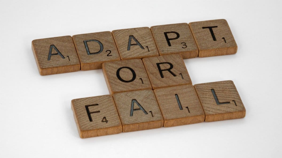 Scrabble tiles spell 'Adapt or Fail' on a white background, conveying a motivational message.