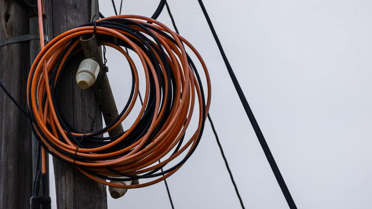 Close-up photo of coiled orange and black electrical wires on a wooden utility pole against a gray sky.