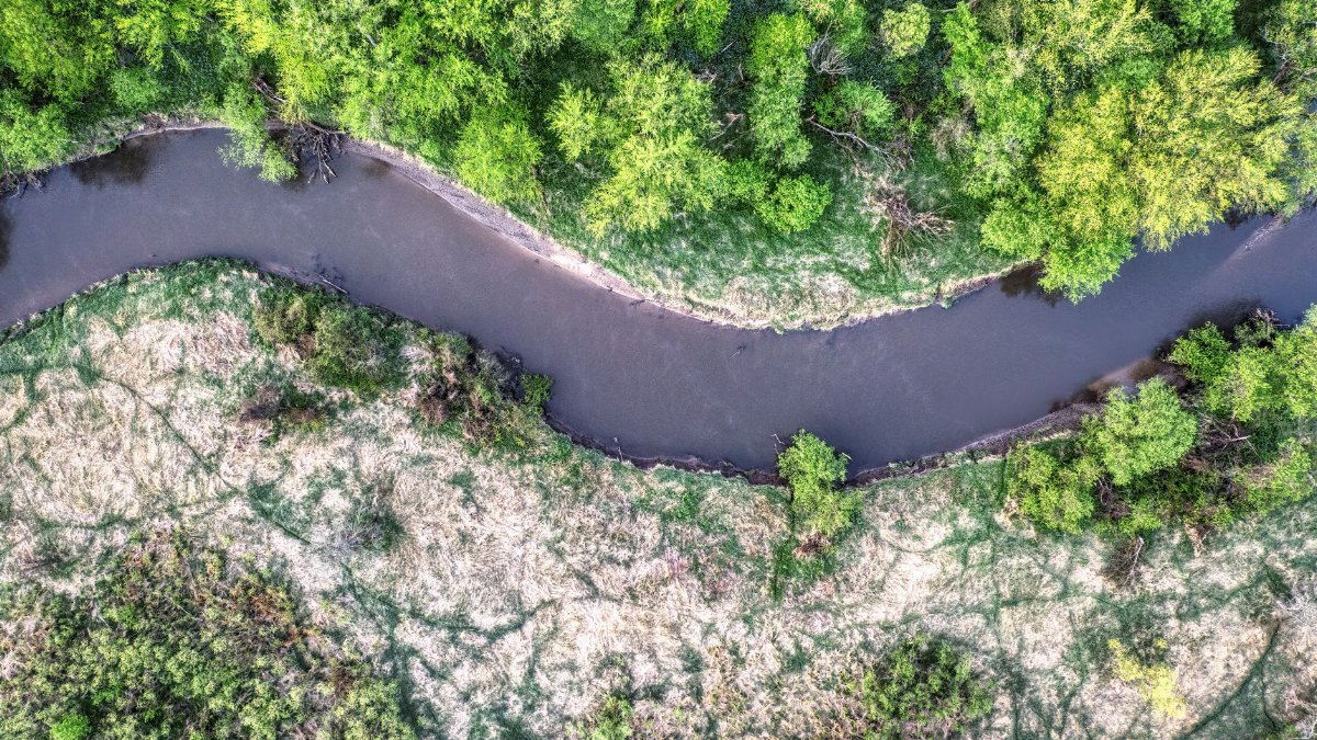 A stunning aerial shot of a winding river surrounded by vibrant green trees in Altura, MN.