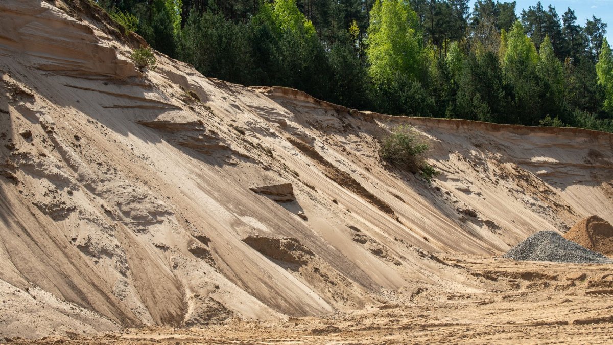 Scenic view of a sandy quarry in Lithuania, bordered by lush green forest, under a clear sky.