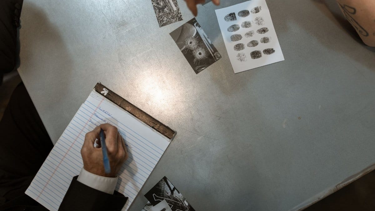 Officers at work reviewing evidence and taking notes in an investigation setting.
