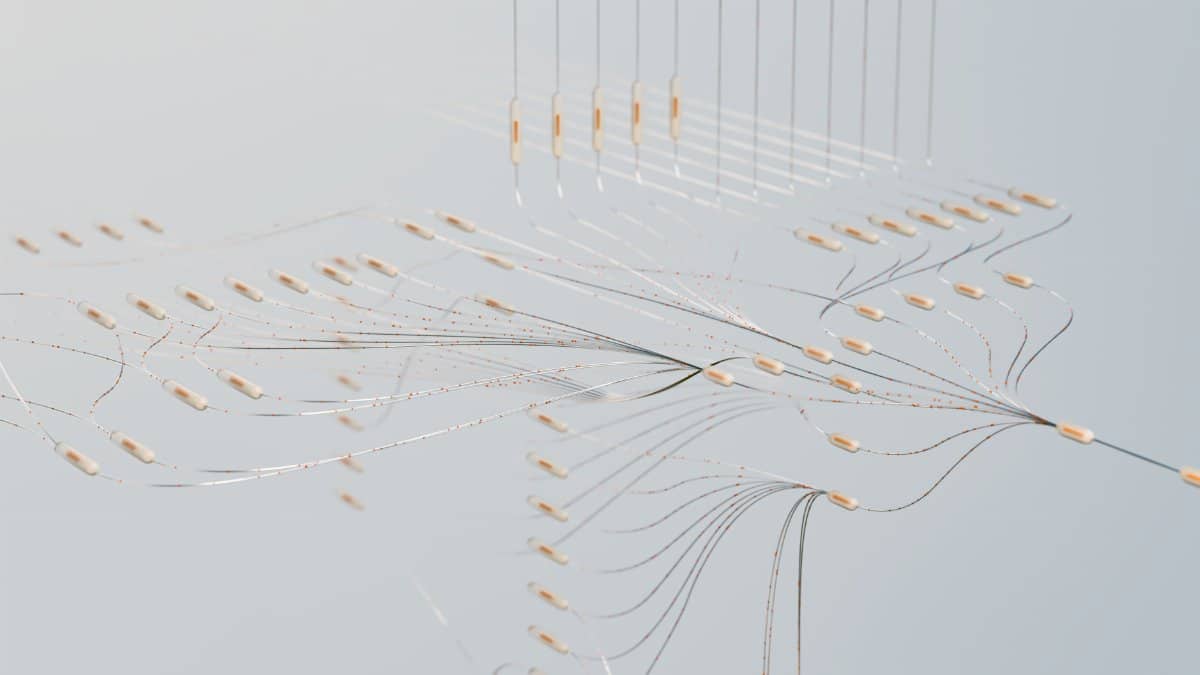 Elegant 3D visualization of neural networks showcasing abstract connections in a digital space.