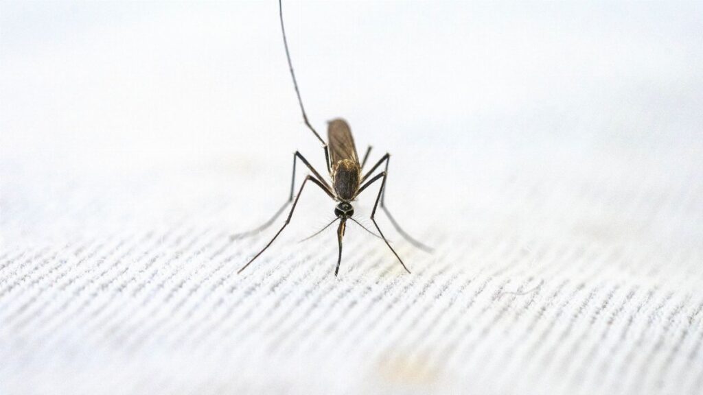 Detailed close-up of a mosquito standing on a textured white surface.