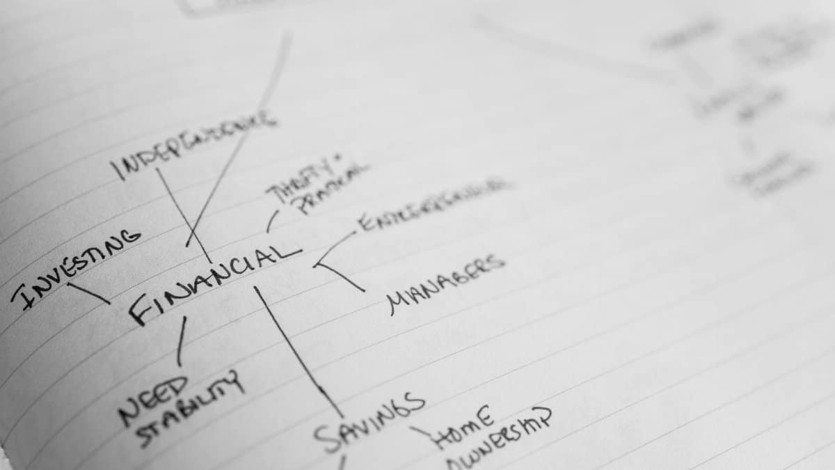 Detailed shot of a financial mind map with handwritten text on paper.