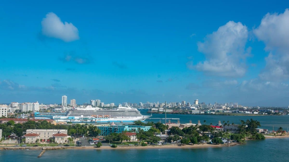 Aerial view of a cruise ship moored at a coastal city with a clear blue sky. Ideal for travel and tourism themes.