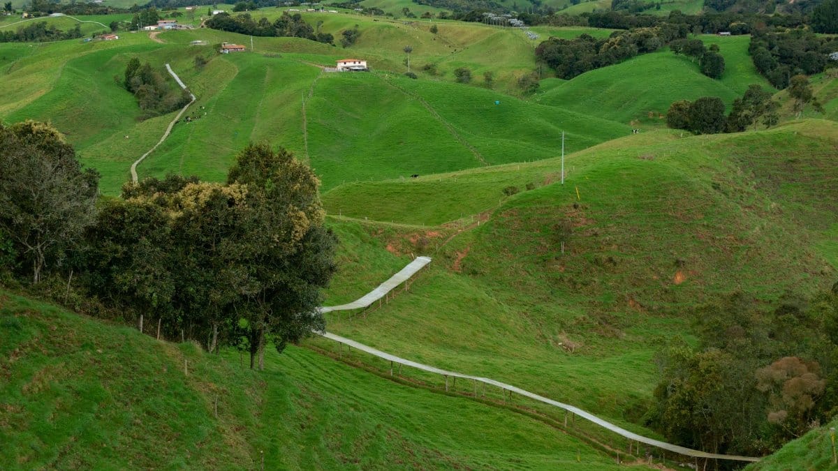 Aerial view of lush green hills and winding paths, perfect for travel and nature themes.
