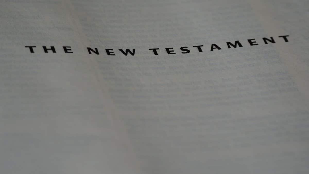 Photography of the New Testament title page in a Bible with clear focus.