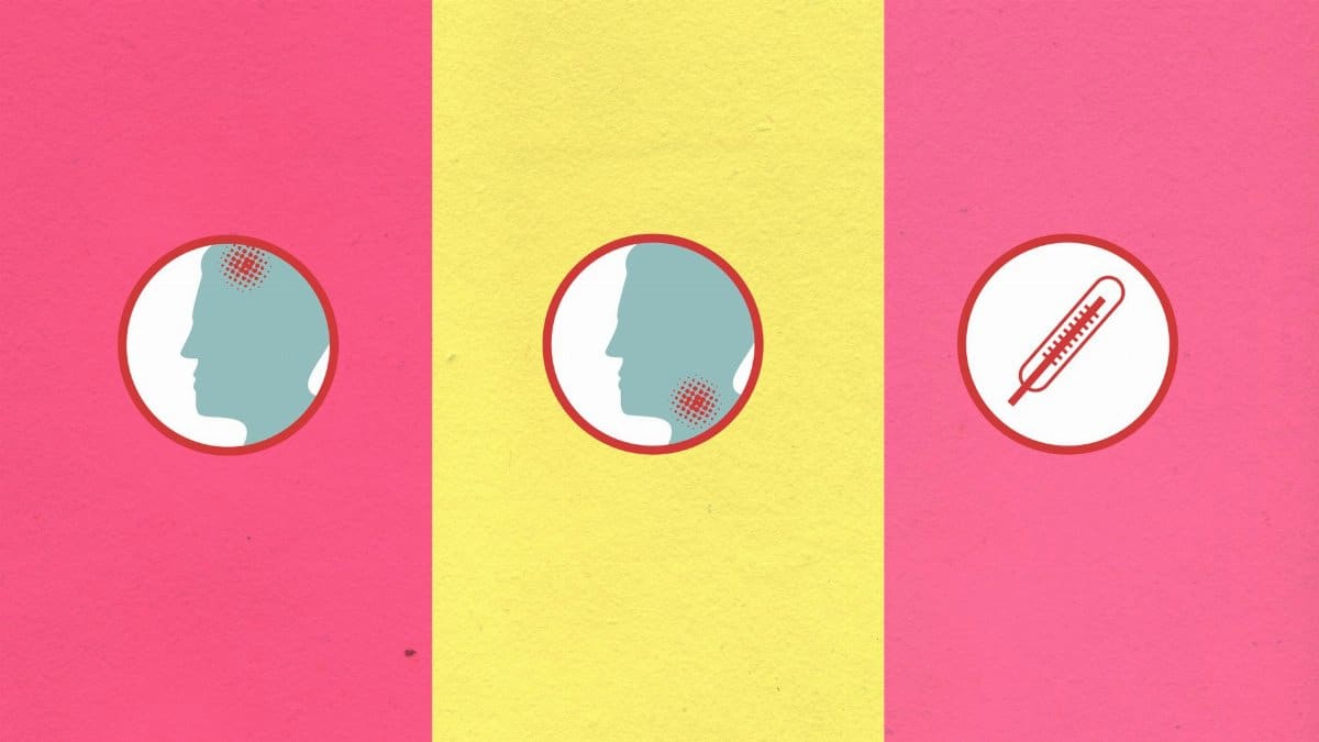 Cardboard appliques of human heads with viruses and thermometer in circles during coronavirus pandemic on colorful background