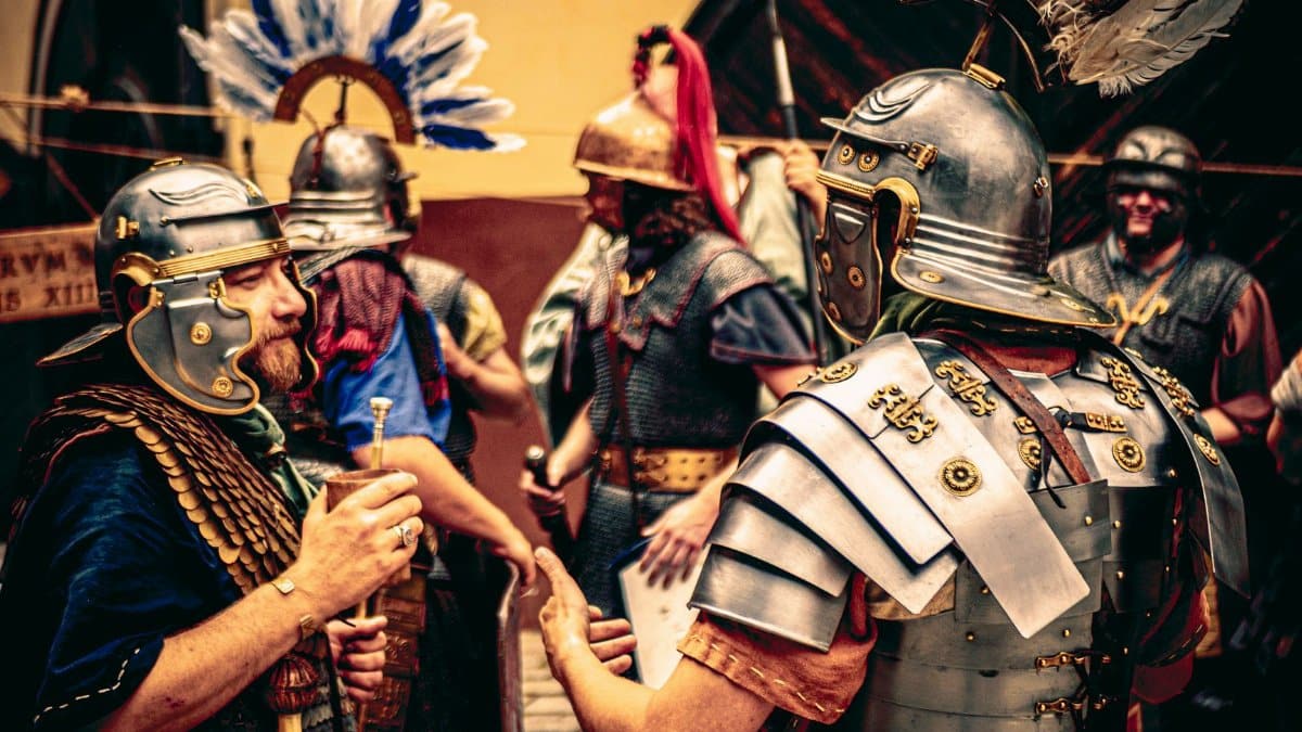 A detailed scene of a Roman legion reenactment during the Wrocław historical festival, featuring participants in traditional armor.