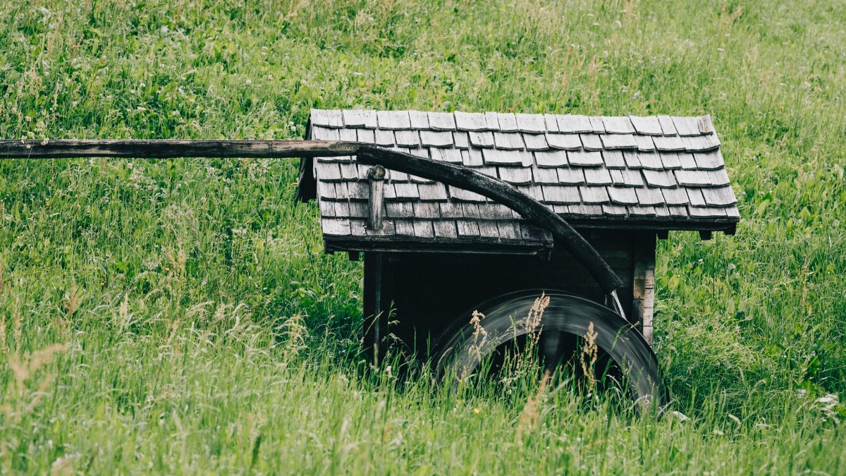 A quaint wooden waterwheel surrounded by vibrant greenery, evoking rural charm.