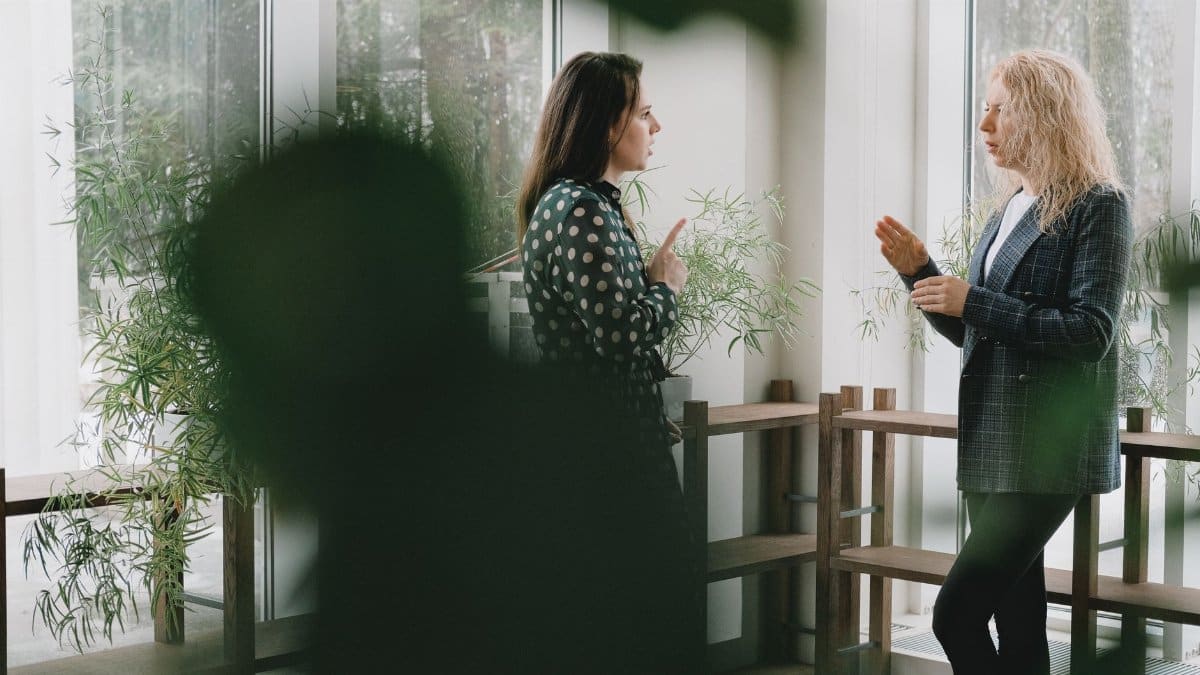 Side view of female workers in formal clothes discussing work issues and looking at each other