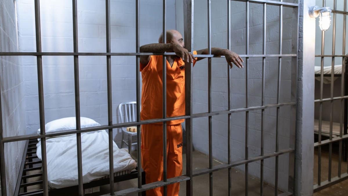 Prisoner in orange uniform standing in a jail cell with iron bars.