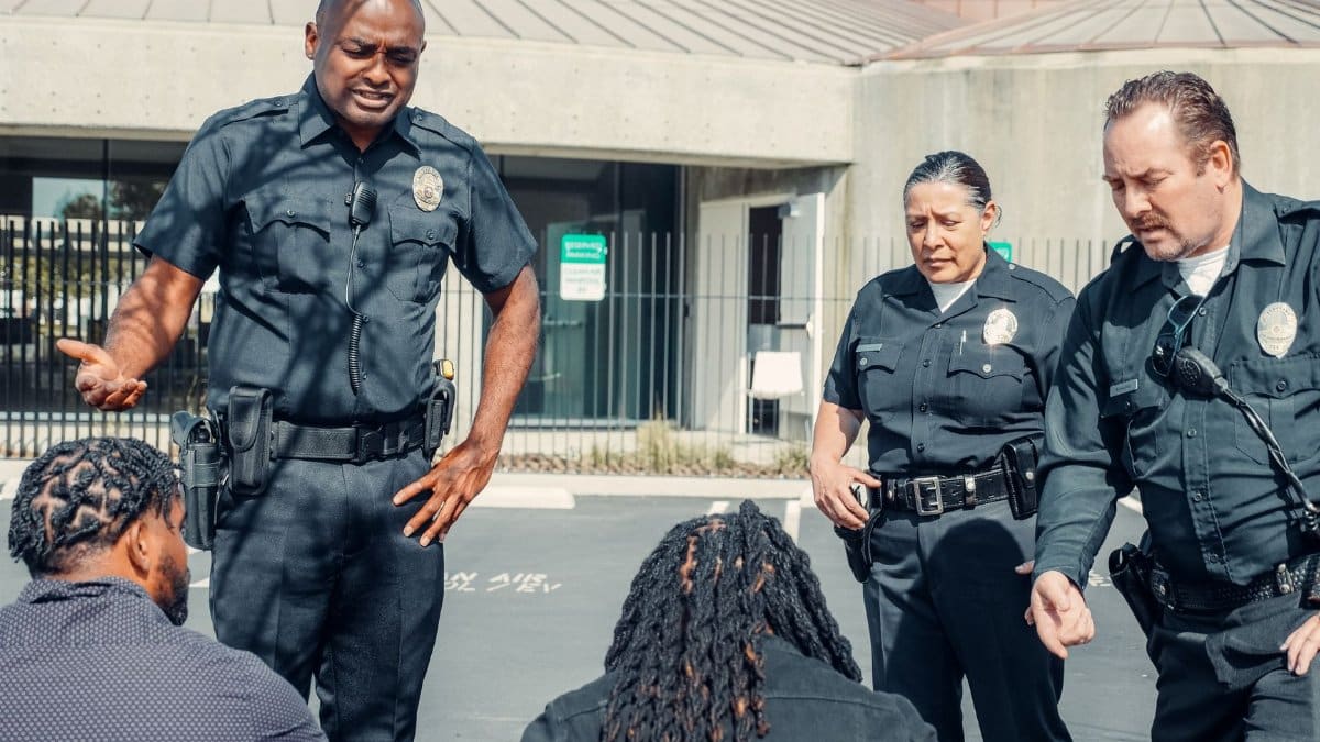 A group of police officers interact with civilians in a public outdoor setting.