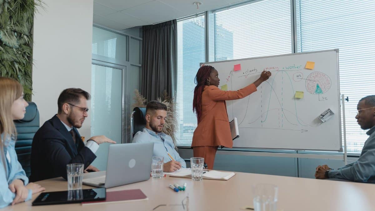 A diverse team discussing a marketing strategy with a focus on business growth.