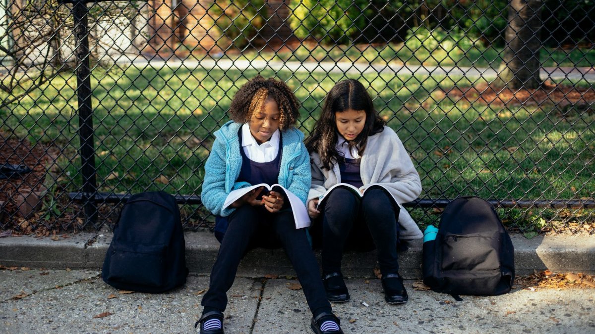 Full body concentrated multiracial schoolgirls sitting together on ground near wire net fence and reading information in textbook on sunny autumn day