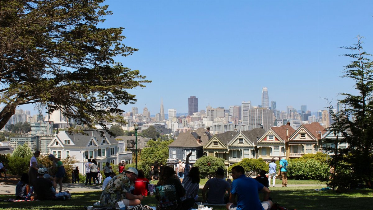 People enjoying a picnic with a view of San Francisco skyline and Painted Ladies.