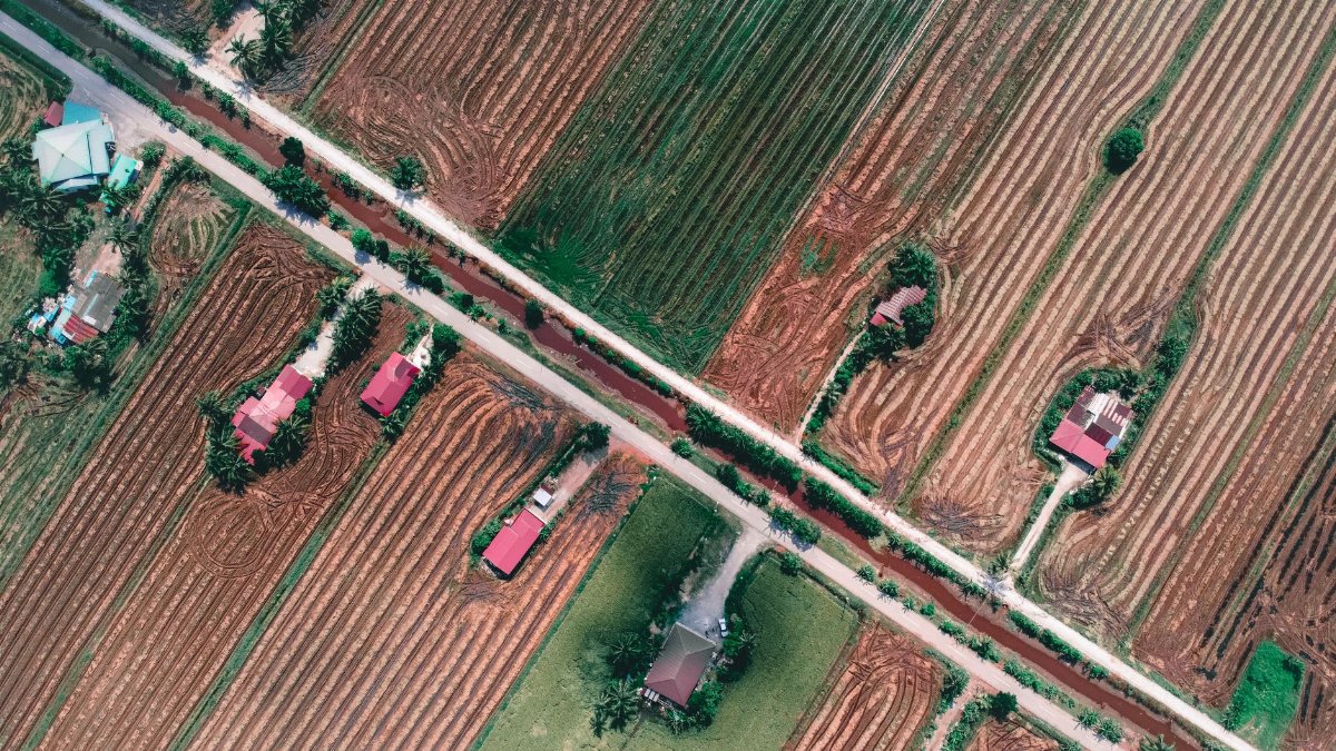 Drone shot capturing rural farmland with red-roofed houses and roads, showcasing agricultural patterns.