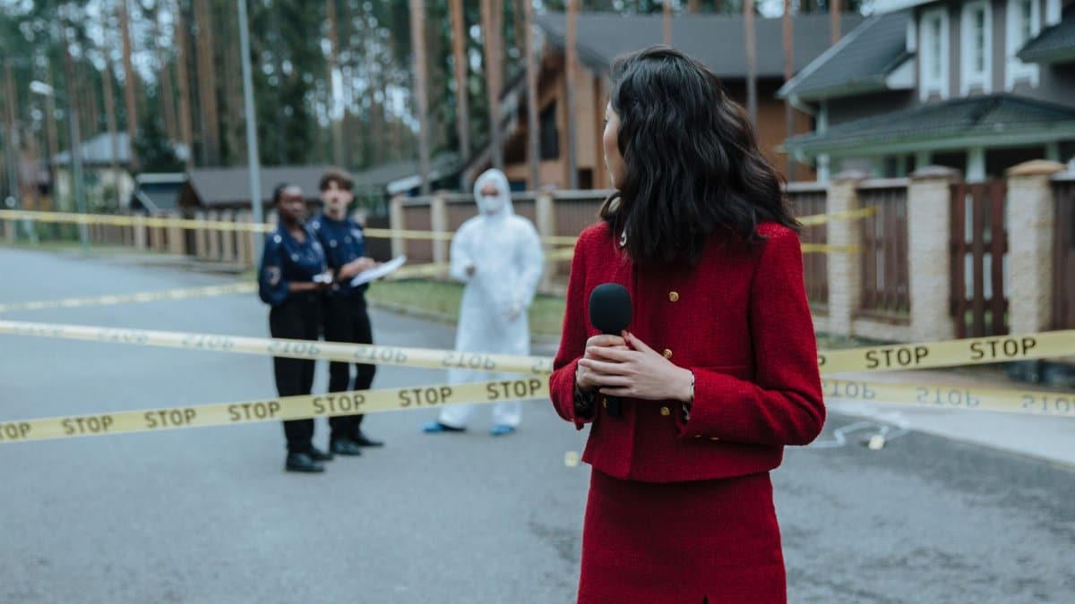 Reporter at a crime scene with police and forensic experts. Yellow caution tape visible.