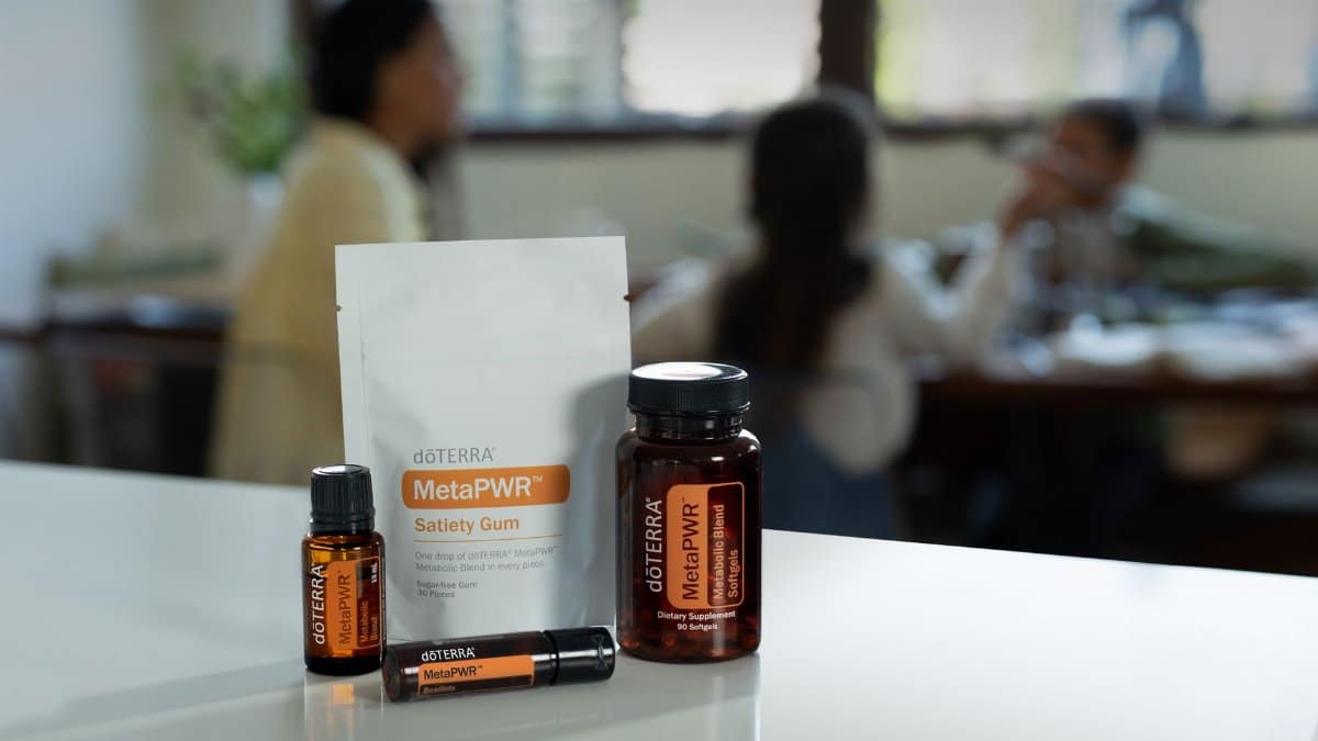 A selection of essential oil products displayed indoors, focused on wellness.