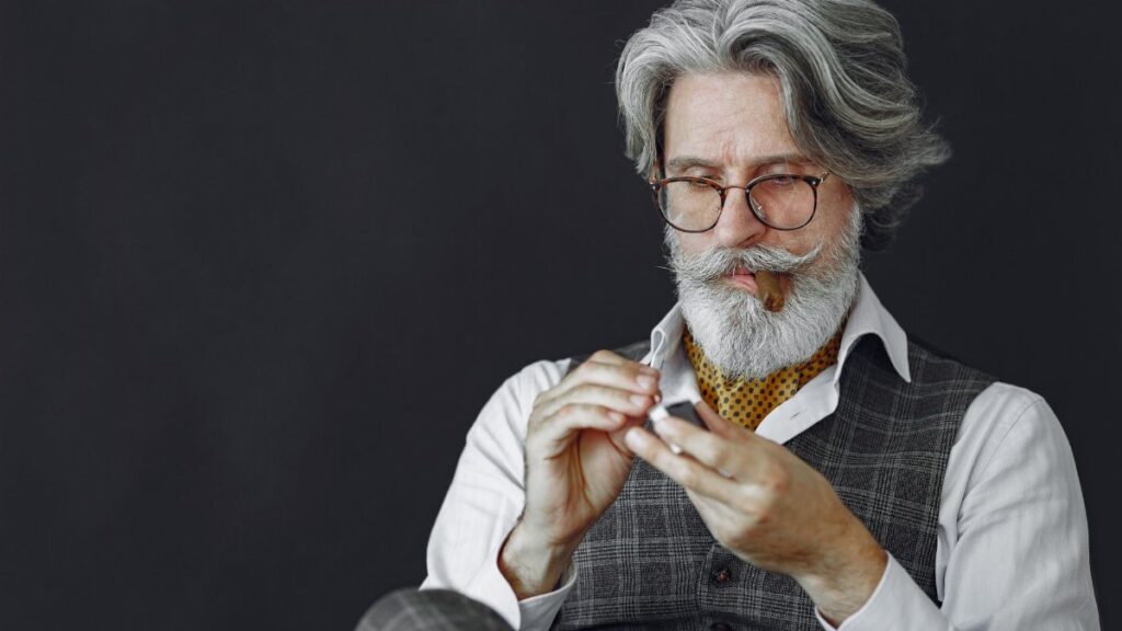 Stylish senior man with gray hair and cigar lighting a lighter, wearing eyeglasses, vest, and polka dot scarf.