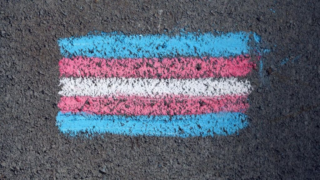 Close-up of a transgender pride flag chalk drawing on rough pavement surface.