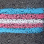 Close-up of a transgender pride flag chalk drawing on rough pavement surface.