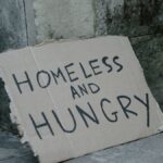 Cardboard sign with 'Homeless and Hungry' message leaning against a wall on a sidewalk.