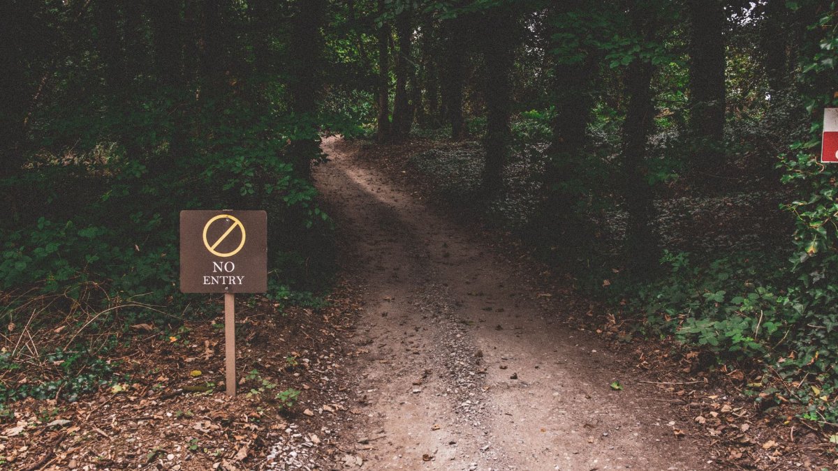 A dirt path in a dense forest marked with a 'No Entry' sign, creating a sense of mystery.