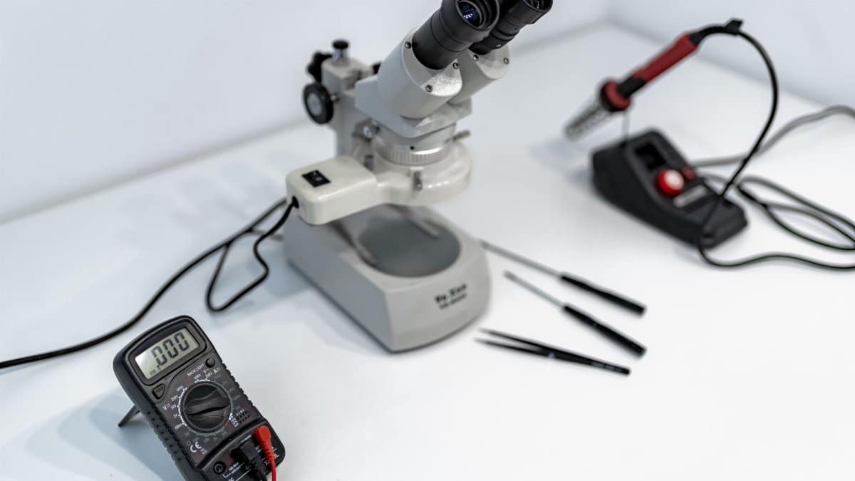 A laboratory workbench featuring a microscope, multimeter, and precision tools for scientific research.